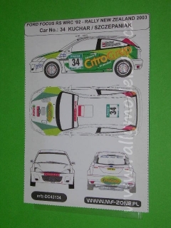 Decal 1/43 MF Zone - Ford Focus RS WRC '02 Kuchar - Rally New Zealand 2003