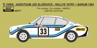 Decal 1/43 Reji Model - Škoda 130 RS (JZD Slušovice) - Rally Tatry + Barum 1983