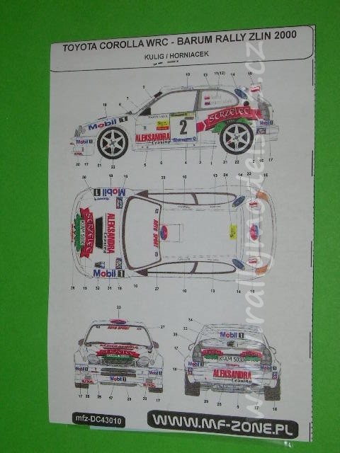 Decal 1/43 MF Zone - Toyota Corolla WRC Kulig - Barum Rally Zlin 2000