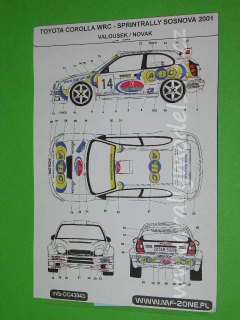 Decal 1/43 MF Zone - Toyota Corolla WRC Valousek - Sprintrally Sosnova 2001