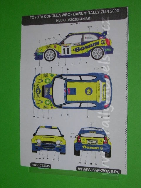 Decal 1/43 MF Zone - Toyota Corolla WRC Kulig - Barum Rally Zlin 2003