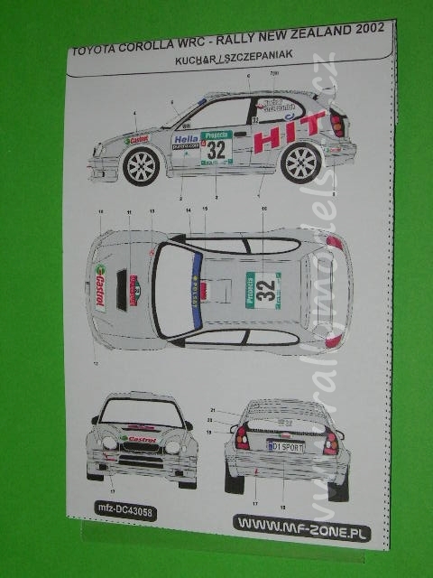 Decal 1/43 MF Zone - Toyota Corolla WRC Kuchar- Rally New Zealand/Australia 2002