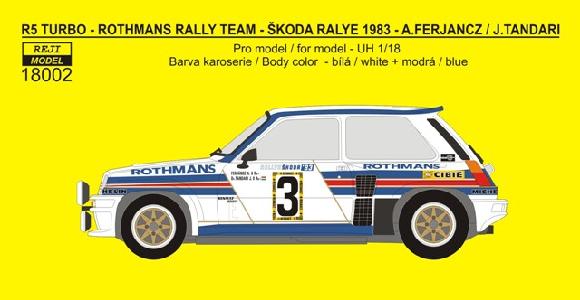 Decal 1/18 Reji Model - Renault 5 Turbo "ROTHMANS" -  Rallye Škoda 1983