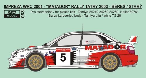 Decal 1/24 Reji model - Subaru Impreza WRC 02 - Rally Tatry 2003 - Bereš/Starý