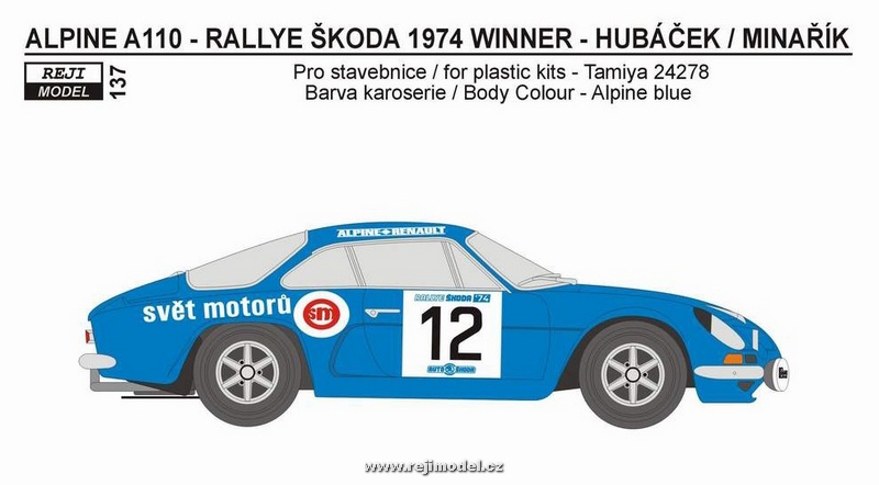 Decal 1/24 Reji model - Alpine A 110 - Rally Škoda 1974 - Hubáček