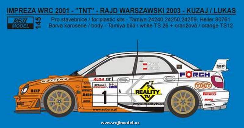 Decal 1/24 Reji model - Subaru Impreza WRC 02 - Rajd Warszawski 2003 - Kuzaj