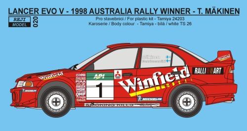 Decal 1/24 Reji model - Mitsubishi Lancer Evo V - Rally Australia 1998