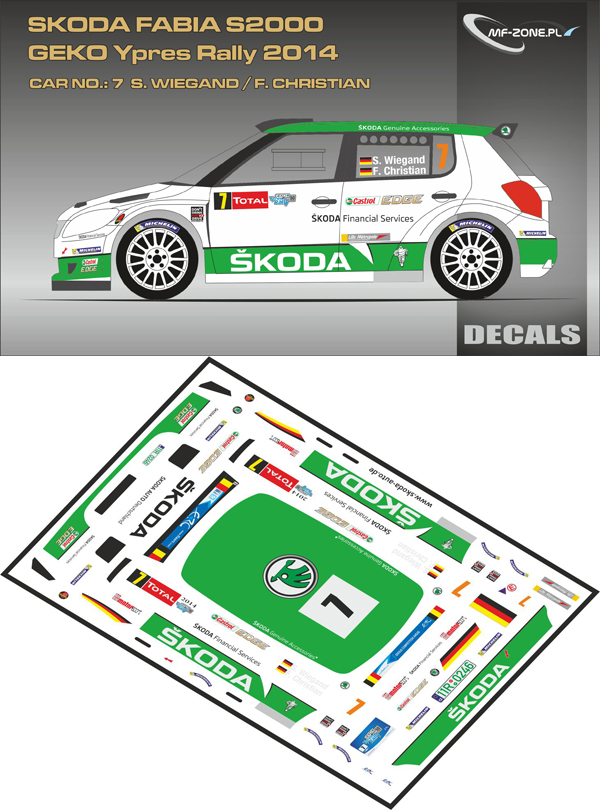 Decal 1/43 MF Zone - Škoda Fabia S2000 S. Wiegand - Ypres Rally 2014