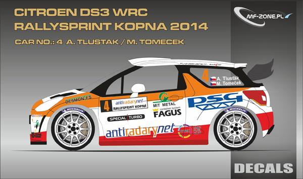 Decal 1/24 MF Zone - Citroen DS3 WRC - A. Tlusťák/ Rallysprint Kopná 2014