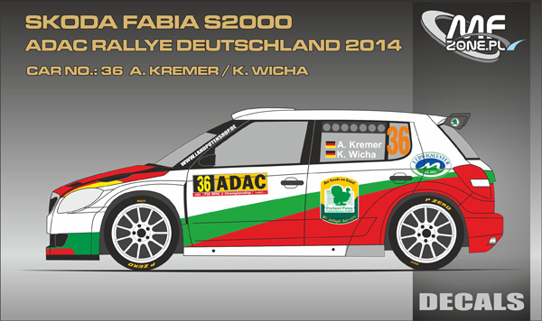 Decal 1/43 MF Zone - Škoda Fabia S2000 A. Kremer - Rally Deutschland 2014