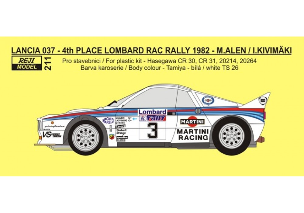 Decal 1/24 Reji model - Lancia 037 - RAC Rally 1982 4th place - Alen / Kivimäki