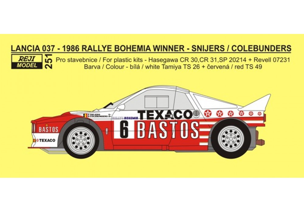 Decal 1/24 - Lancia 037 „BASTOS“ - Rallye Bohemia 1986 winner – Snijers / Colebu