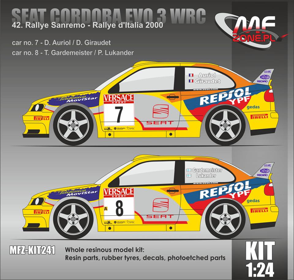 Kit 1/24 MF Zone - Seat Cordoba WRC Evo3 - San Remo 2000/ Auriol, Gardemeister