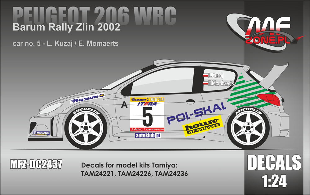 Decal 1/24 MF Zone - Peugeot 206 WRC - L. Kuzaj/ Barum Rally Zlín 2002