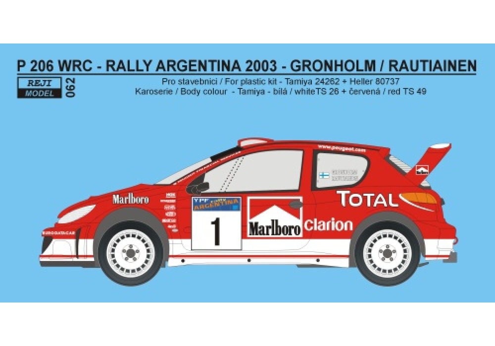 Decal 1/24 Reji model - Peugeot 206 WRC 2003 - Rally Argentina 2003