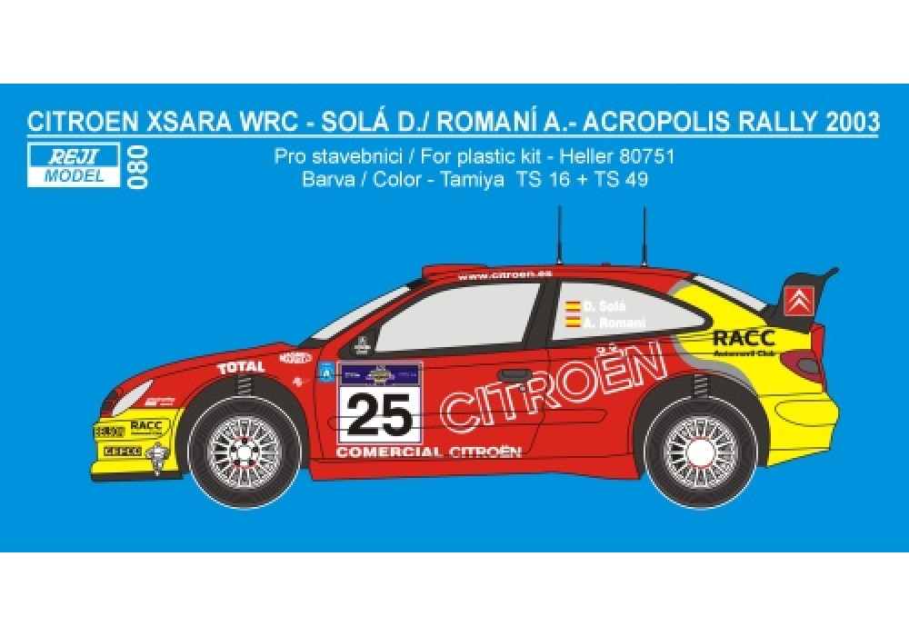Decal 1/24 Reji model - Citroen Xsara WRC Rally Acropolis 2003 – D.Sola