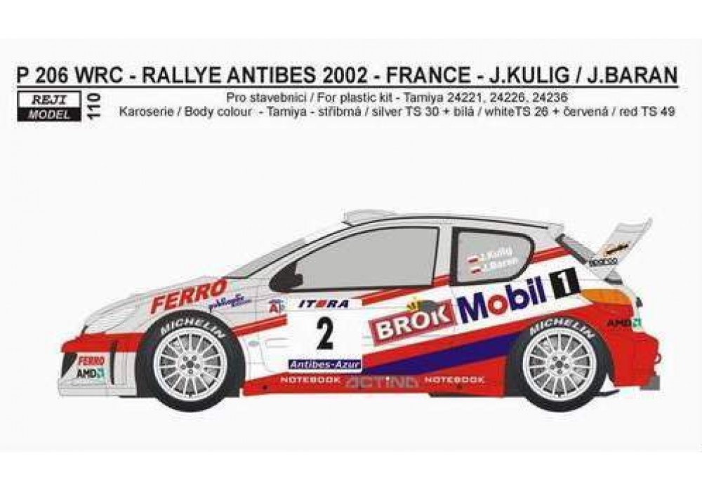 Decal 1/24 Reji model - Peugeot 206 WRC „Mobil 1“ -> Rally Antibes 2002 –J.Kulig