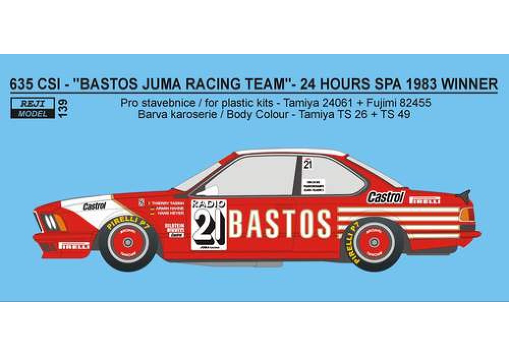 Decal 1/24 Reji model - BMW 635 CSi „Bastos Juma Racing“ - 1983 – 24h Spa Winner