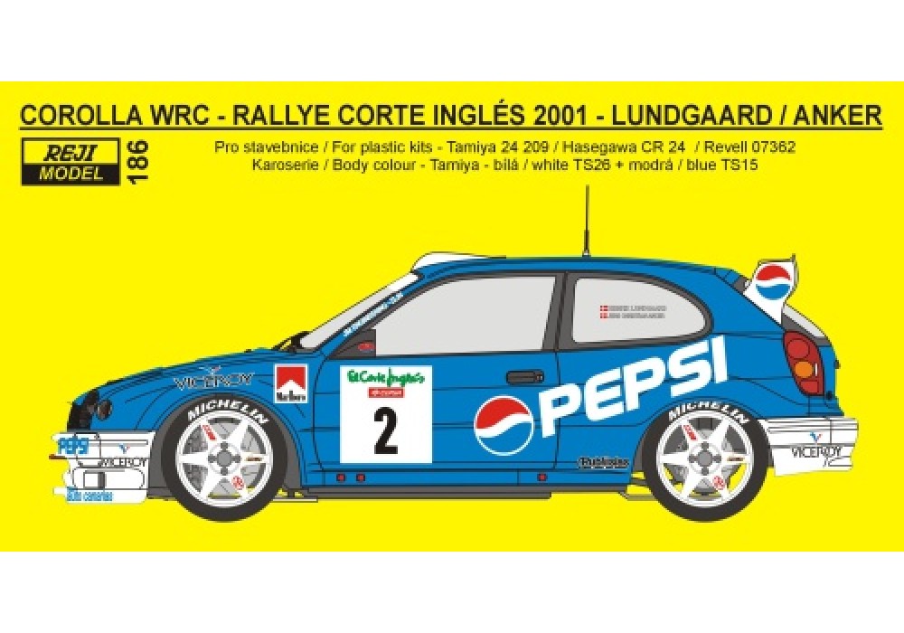 Decal 1/24 Reji model - Toyota Corolla WRC - Rally El Corte Ingles 2001 - Lundga