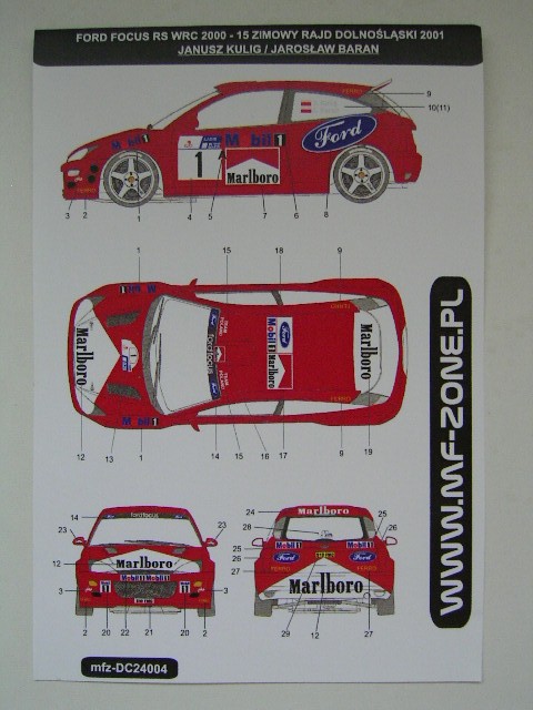 Decal 1/24 MF Zone - Ford Focus RS WRC 2000/ J. Kulig 2001