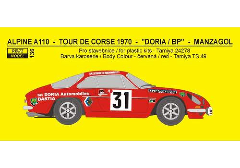 Decal 1/24 Reji model - Alpine A110 -Tour de Corse 1970 - Manzagol