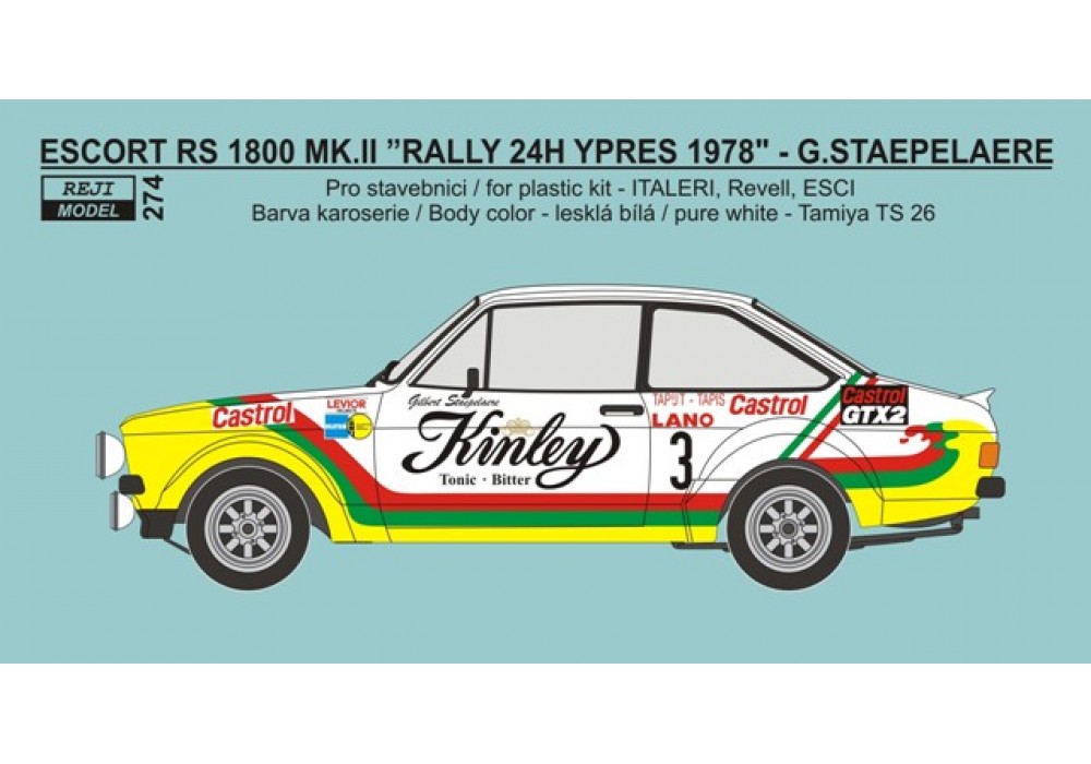 Decal 1/24 - Ford Escort RS 1800 „Kinley tonic“ - 2nd place Rally Ypres 1978