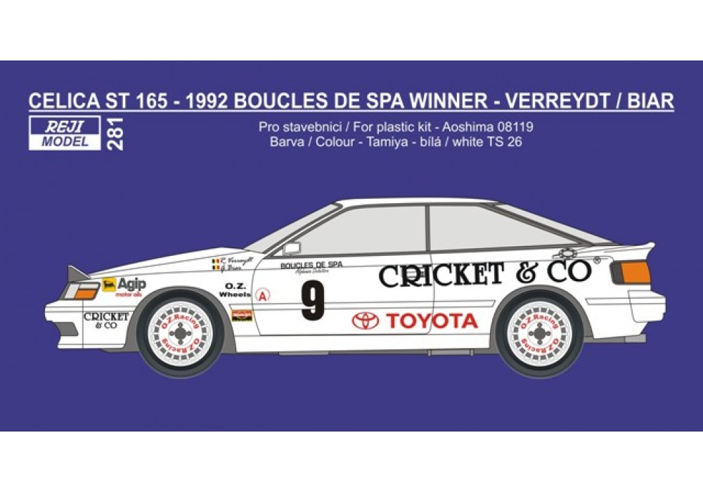 Decal 1/24 - Toyota Celica ST165 - 1992 Boucles de Spa Winner - Verreydt / Biar