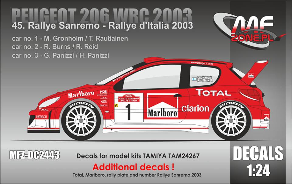 Decal 1/24 MF Zone - Peugeot 206 WRC - Rally San Remo 2003/ Gronholm, Burns