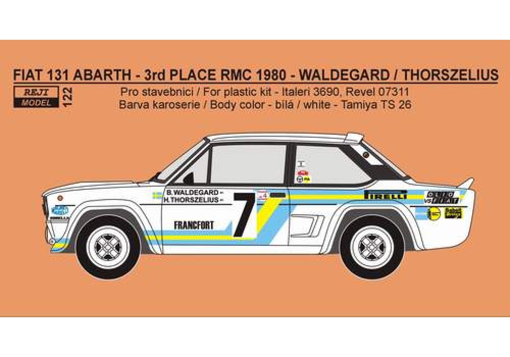 Decal 1/24 Reji model - Fiat 131 Abarth „SVENSKA“ -> 3th place RMC