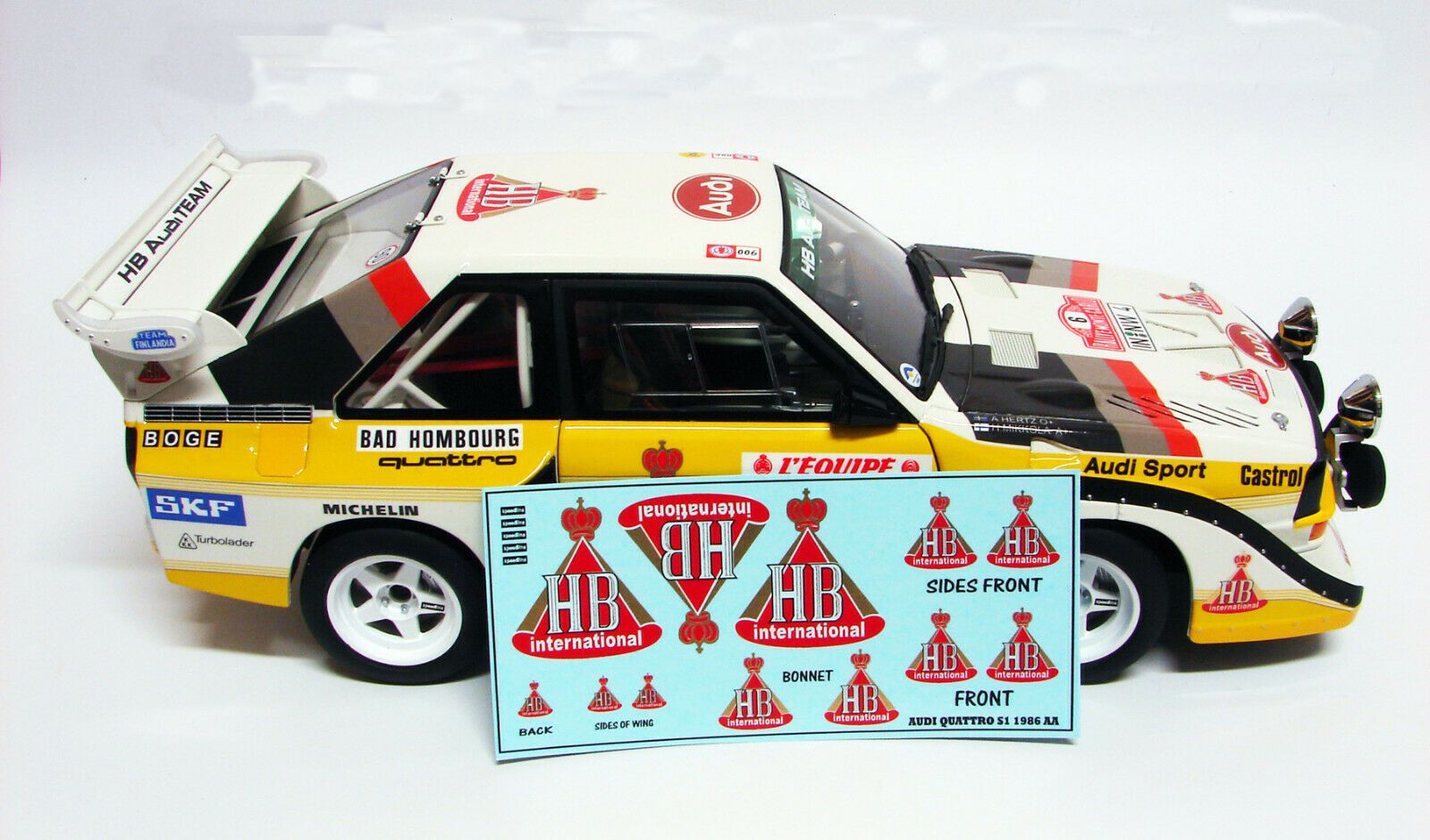 Decals 1/18 "HB" - AUDI SPORT S1 QUATTRO RALLY 1986 - decals for Auto Art model 