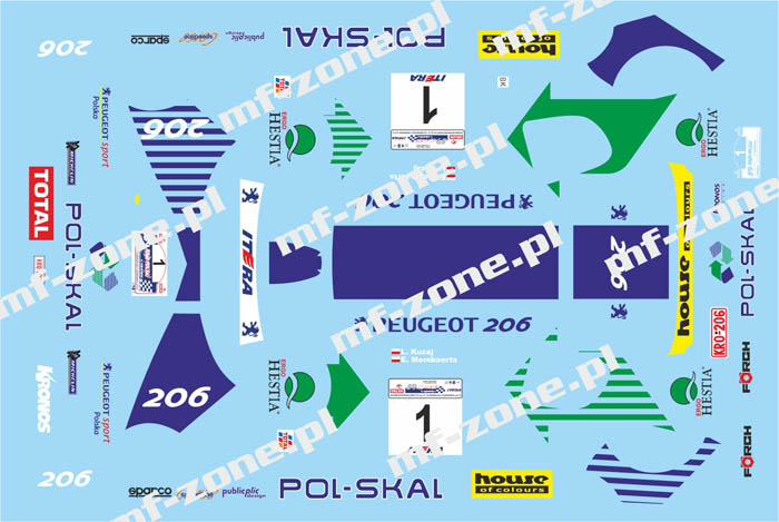 Decal 1/43 MF Zone - Peugeot 206 WRC, Leszek Kuzaj - 59'th Rally Poland 2002