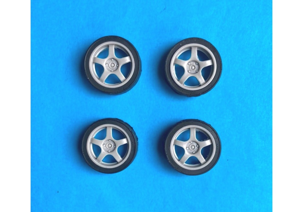 1/24 Reji Model - Wheels + tires – Enkei ( 5 spoke tarmac ) / 4 pcs for Lancer EVO III,IV,V,VI (Hasegawa)