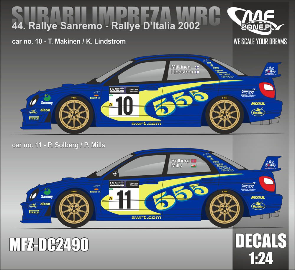 Decal 1/24 MF Zone - Subaru Impreza S8 WRC – 44. Rallye Sanremo 2002