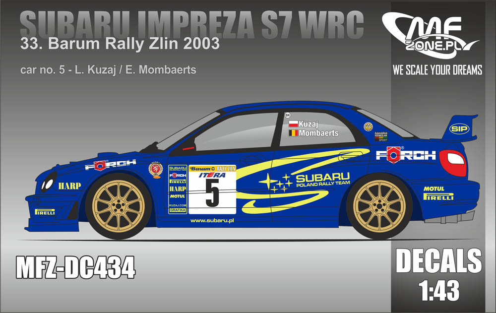 Decal 1/43 MF Zone - Subaru Impreza WRC L. Kuzaj – Barum Rally Zlin 2003