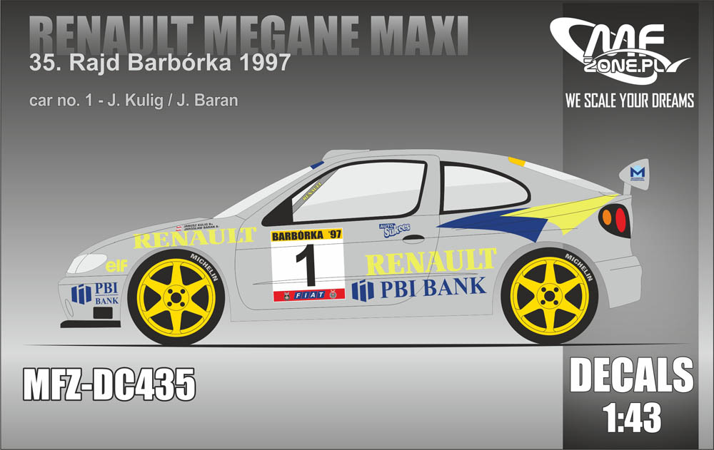 Decal 1/43 MF Zone - Renault Megane Maxi J. Kulig – 35. Rajd Barbórka 1997