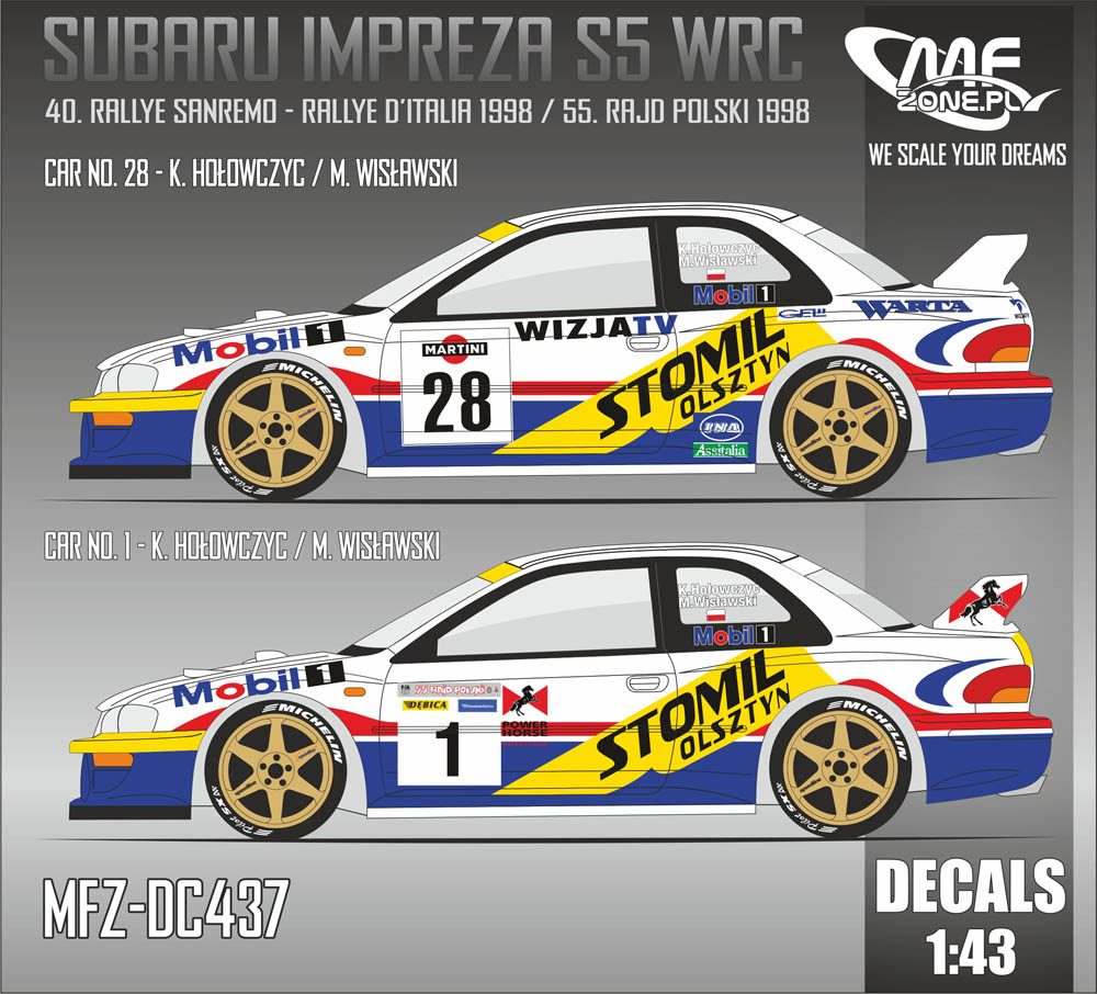 Decal 1/43 MF Zone - Subaru Impreza S5 WRC K. Hołowczyc – 40. Rallye Sanremo 1998 / 55. Rajd Polski 1998