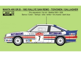 Decal 1/24 - Opel Manta 400 Gr.B - 1983 Rallye San Remo - Toivonen