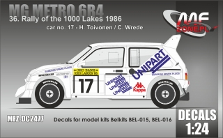 Decal 1/24 MF Zone - MG Metro 6R4 - 36. Rally of the 1000 Lakes 1986/ H.Toivonen