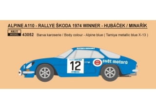 Decal 1/43 Reji Model - Alpine A 110 - Rally Škoda 1974/ Hubáček